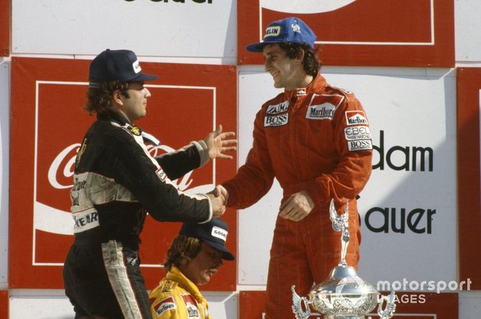Alain Prost, 1st position, Elio de Angelis, 3rd position, Keke Rosberg, 2nd on the podium