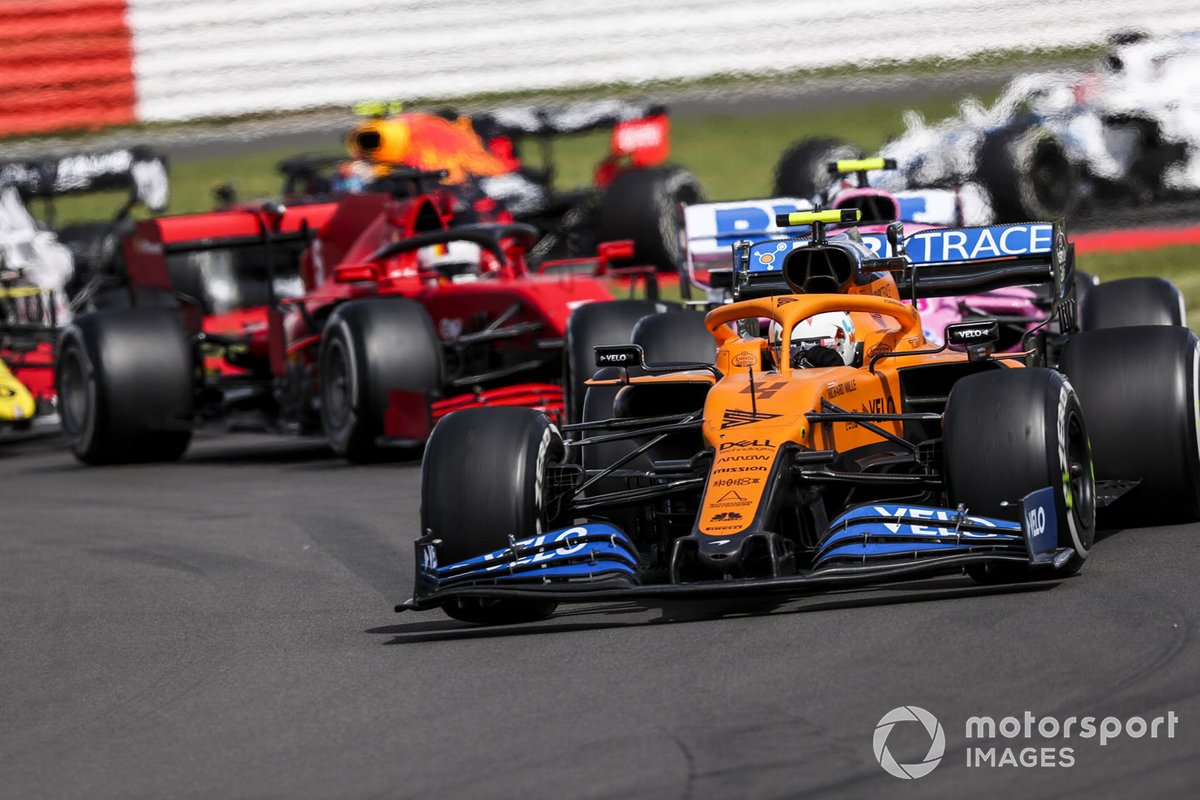 Lando Norris, McLaren MCL35, Lance Stroll, Racing Point RP20, Sebastian Vettel, Ferrari SF1000, and Esteban Ocon, Renault F1 Team R.S.20