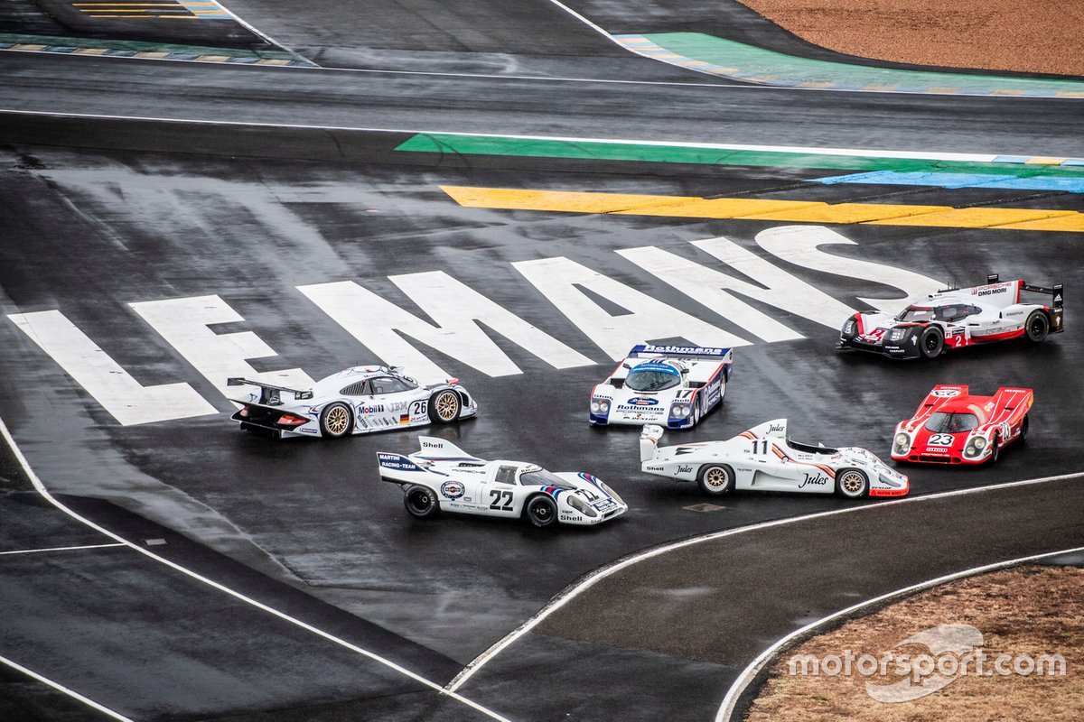 Os seis Porsches vencedores de Le Mans: Porsche 917 KH de 1971, Porsche 936/81 Spyder de 1981, Porsche 917 KH de 1970, Porsche 911 GT1 de 1998, Porsche 962 C de 1987, e o Porsche 919 Hybrid de 2017