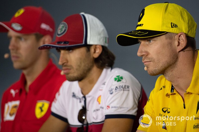 Nico Hulkenberg, Renault F1 Team, Antonio Giovinazzi, Alfa Romeo Racing and Sebastian Vettel, Ferrari in the Press Conference