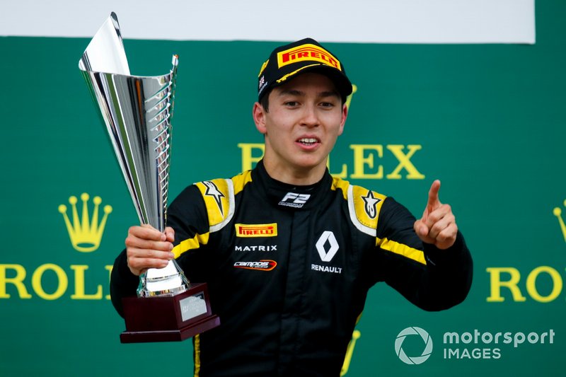 Race winner Jack Aitken, Campos Racing celebrates on the podium with the trophy