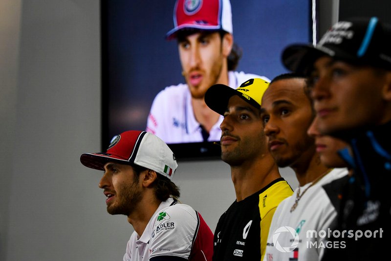 George Russell, Williams Racing, Lewis Hamilton, Mercedes AMG F1, Daniel Ricciardo, Renault F1 Team y Antonio Giovinazzi, Alfa Romeo Racing en la Conferencia de Prensa
