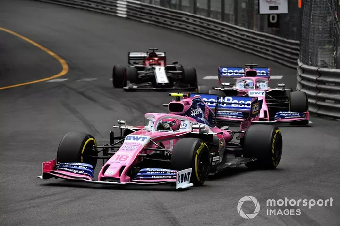 Lance Stroll, Racing Point RP19, Sergio Perez, Racing Point RP19, y Kimi Raikkonen, Alfa Romeo Racing C38