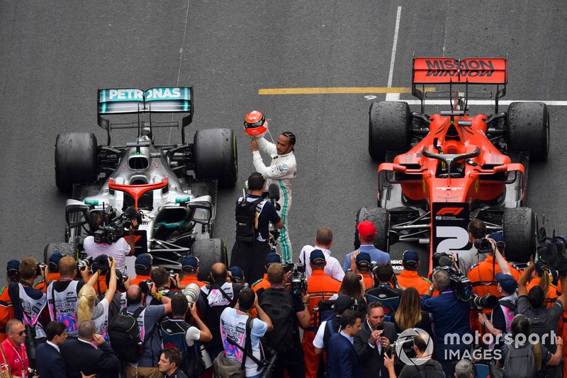 Lewis Hamilton, Mercedes AMG F1, 1st position, celebrates on arrival in Parc Ferme