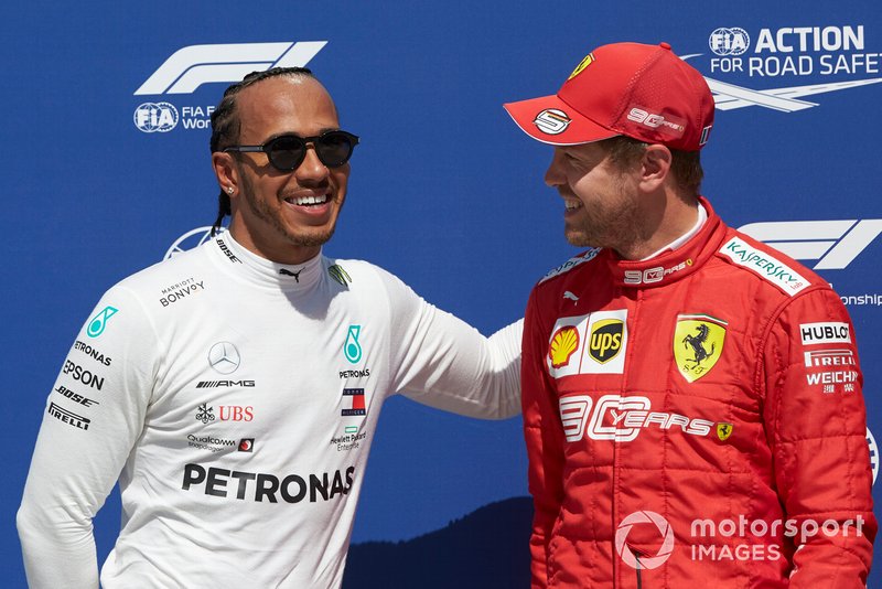 Front row starters Lewis Hamilton, Mercedes AMG F1, and pole man Sebastian Vettel, Ferrari