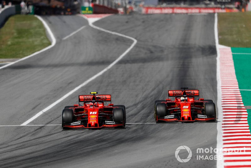 Charles Leclerc, Ferrari SF90, leads Sebastian Vettel, Ferrari SF90