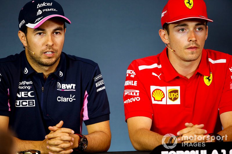 Sergio Pérez, Racing Point y Charles Leclerc, Ferrari en la conferencia de prensa