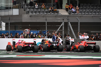 Kimi Raikkonen, Ferrari SF71H, Max Verstappen, Red Bull Racing RB14 and Sebastian Vettel, Ferrari SF71H in Parc Ferme