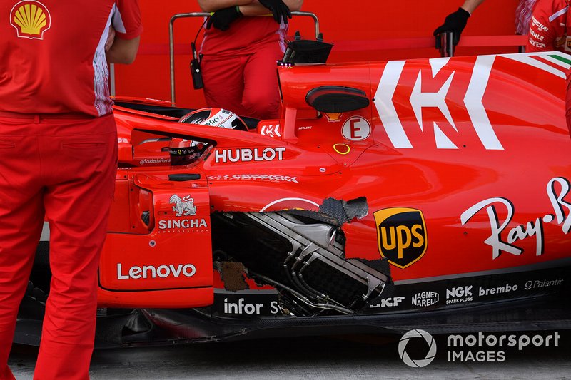 Charles Leclerc, Ferrari SF71H avec un morceau manquant sur la carrosserie