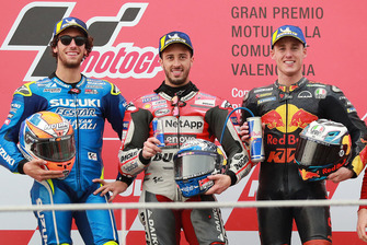Podio: il vincitore della gara Andrea Dovizioso, Ducati Team, il secondo classificato Alex Rins, Team Suzuki MotoGP, il terzo classificato Pol Espargaro, Red Bull KTM Factory Racing