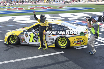 Ryan Blaney, Team Penske, Ford Fusion Menards/Pennzoil, celebrates after winning.