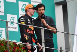 Max Verstappen, Red Bull Racing and Mark Webber, on the podium