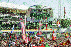 Confetti falls as Race winner Lewis Hamilton, Mercedes AMG F1, Second place Third place Valtteri Bot