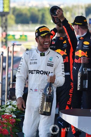 Lewis Hamilton, Mercedes AMG F1 celebrates on the podium with the champagne
