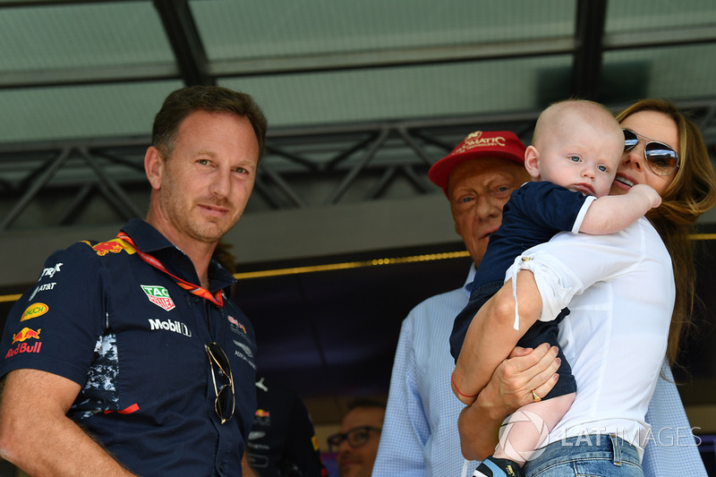 Christian Horner, Red Bull Racing Team Principal and Geri Halliwell, their son Montague George Hecto