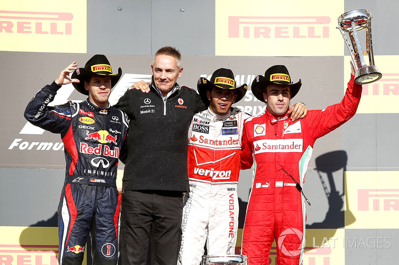 Podium: second place Sebastian Vettel, Red Bull Racing, Martin Whitmarsh, Team Principal, McLaren, race winner Lewis Hamilton, McLaren, third place Fernando Alonso, Ferrari