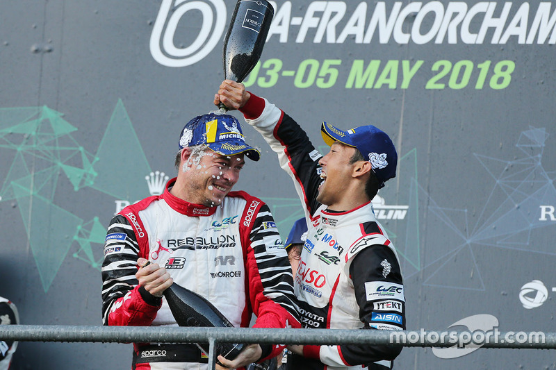 Podium: race winner #8 Toyota Gazoo Racing Toyota TS050: Kazuki Nakajima, third place #1 Rebellion Racing Rebellion R-13: Andre Lotterer
