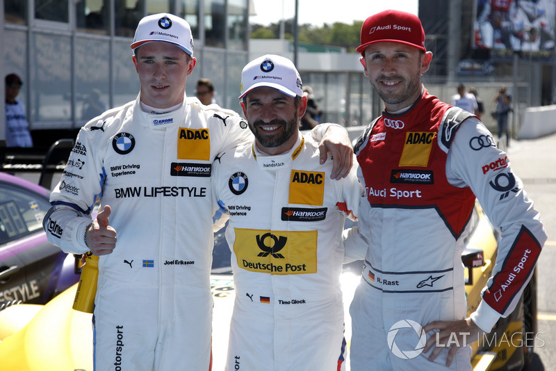 Top3 after qualifying, Timo Glock, BMW Team RMG, Joel Eriksson, BMW Team RBM, René Rast, Audi Sport Team Rosberg