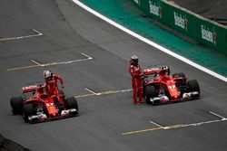 Sebastian Vettel, Ferrari SF70H and Kimi Raikkonen, Ferrari SF70H arrive to celebrate in parc ferme