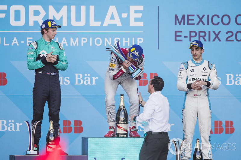 Daniel Abt, Audi Sport ABT Schaeffler, celebrates on the podium after winning the race with Oliver Turvey, NIO Formula E Team, Sébastien Buemi, Renault e.Dams