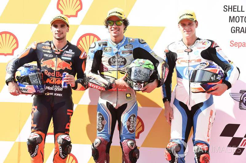 Pole sitter Franco Morbidelli, Marc VDS, second place Miguel Oliveira, Red Bull KTM Ajo, third place Fabio Quartararo, Pons HP 40