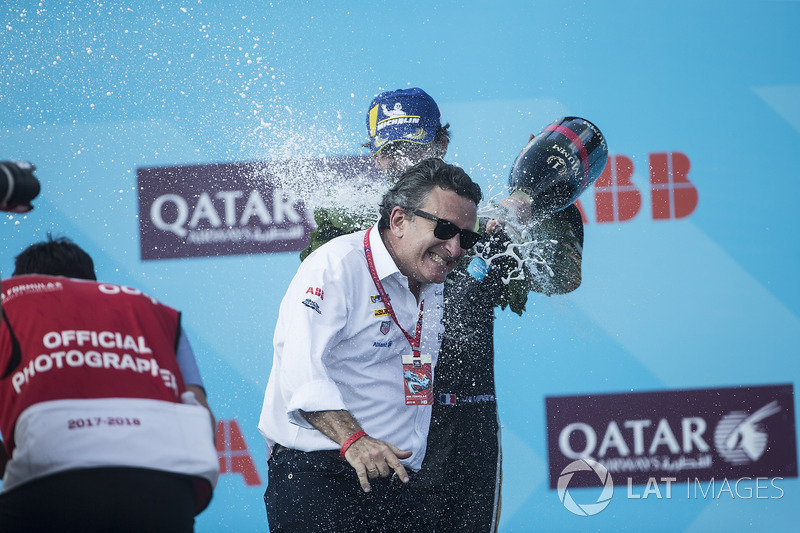 Alejandro Agag, CEO, Formula E, andJean-Eric Vergne, Techeetah. celebrate on the podium/ Andrew Ferraro
