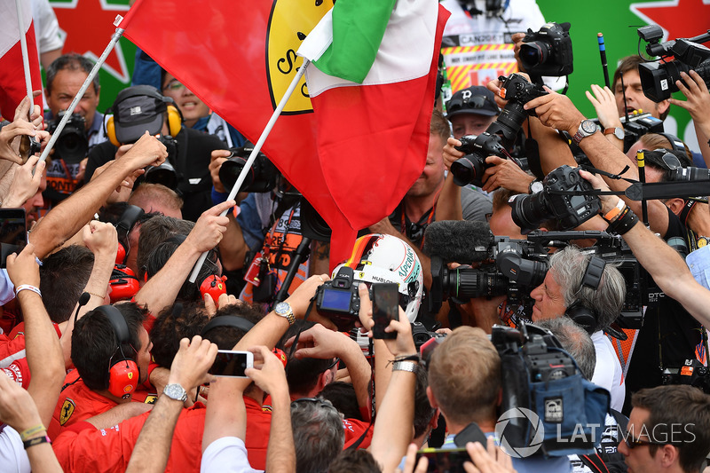 Race winner Sebastian Vettel, Ferrari celebrates in parc ferme