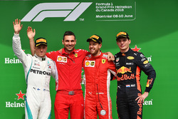 (L to R): Valtteri Bottas, Mercedes-AMG F1, Sebastian Vettel, Ferrari and Max Verstappen, Red Bull Racing celebrate on the podium