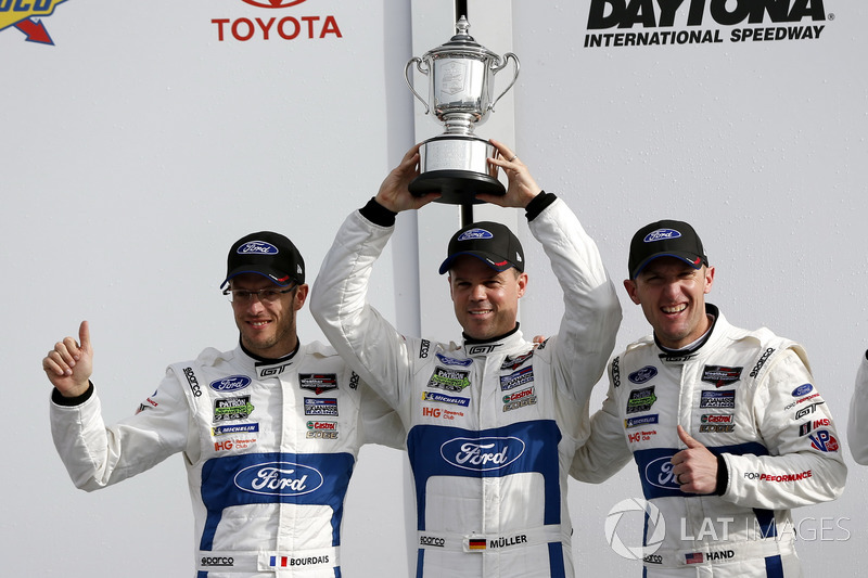 Victory lane, second place GTLM: #66 Ford Performance Chip Ganassi Racing Ford GT: Joey Hand, Dirk Müller, Sebastien Bourdais