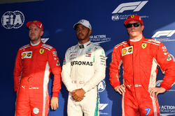 Third place Sebastian Vettel, Ferrari, pole sitter Lewis Hamilton, Mercedes-AMG F1 and second place