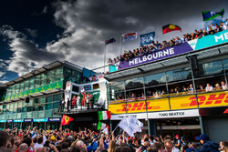 Lewis Hamilton, Mercedes-AMG F1, Sebastian Vettel, Ferrari and Kimi Raikkonen, Ferrari celebrate on the podium