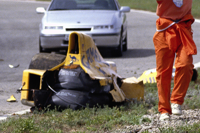 The car of Martin Donnelly, Team Lotus, after a horrific crash