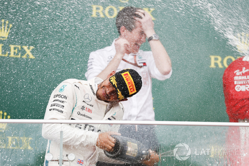 Lewis Hamilton, Mercedes AMG F1, 1st position, sprays Champagne on the podium