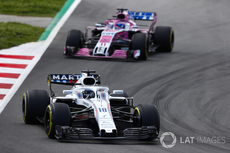 Lance Stroll, Williams FW41, Sergio Perez, Force India VJM11