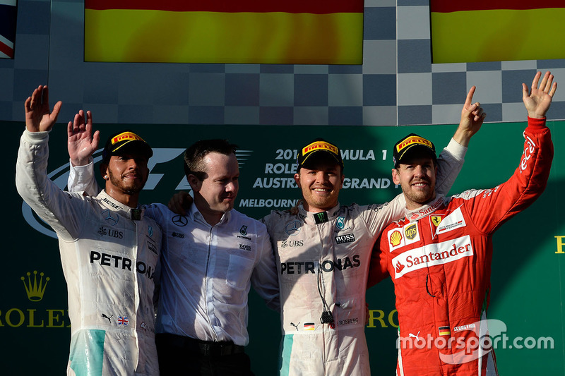 2016: 1. Nico Rosberg, 2. Lewis Hamilton, 3. Sebastian Vettel