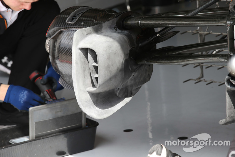 Front brake duct detail on the car of Fernando Alonso, McLaren MCL33