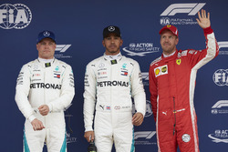Top three Qualifiers Valtteri Bottas, Mercedes AMG F1, pole man Lewis Hamilton, Mercedes AMG F1, and Sebastian Vettel, Ferrari