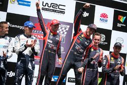 Winners Thierry Neuville, Nicolas Gilsoul, Hyundai Motorsport, second place Ott Tänak, Martin Järveoja, M-Sport, third place Hayden Paddon, Sebastian Marshall, Hyundai Motorsport