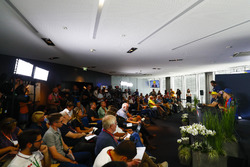 Sergio Perez, Force India, Nico Hulkenberg, Renault Sport F1 Team, Sebastian Vettel, Ferrari, and Brendon Hartley, Toro Rosso, face the media in the Press conference