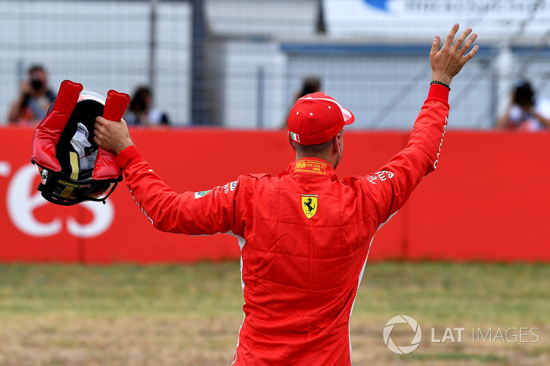 Pole sitter Sebastian Vettel, Ferrari celebrates in parc ferme