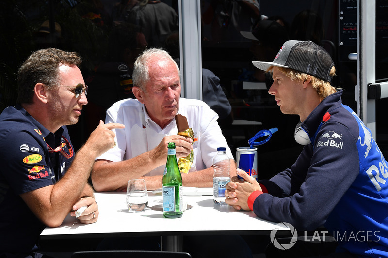 Christian Horner, Dr Helmut Marko, Red Bull Motorsport Consultant en Brendon Hartley, Scuderia Toro Rosso