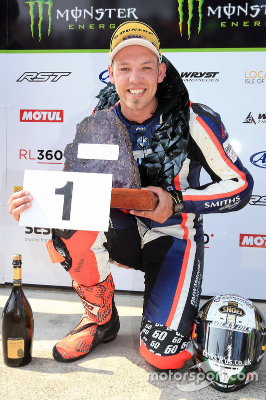 Peter Hickman celebrates winning the RL360º Superstock TT race