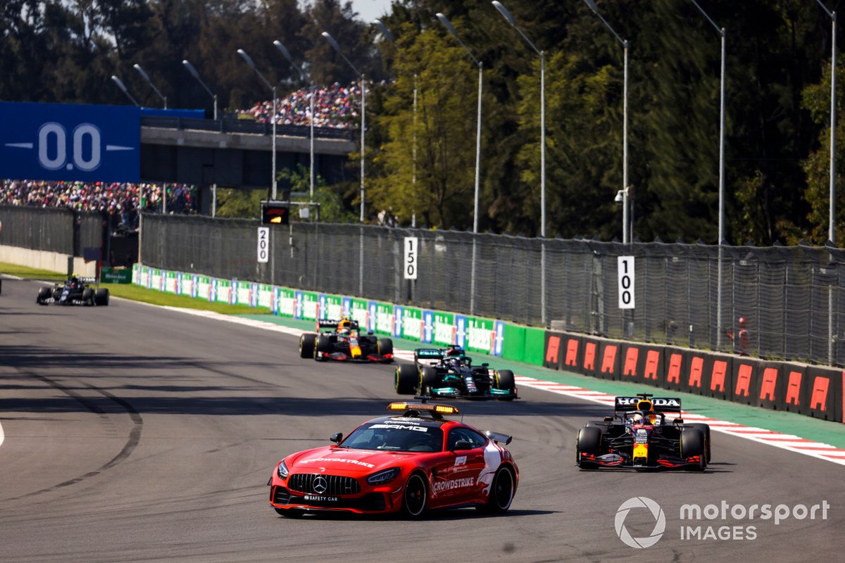 The Safety Car Max Verstappen, Red Bull Racing RB16B, Lewis Hamilton, Mercedes W12, and Sergio Perez, Red Bull Racing RB16B