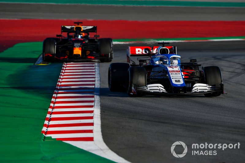 Nicholas Latifi, Williams FW43, leads Alex Albon, Red Bull Racing RB16