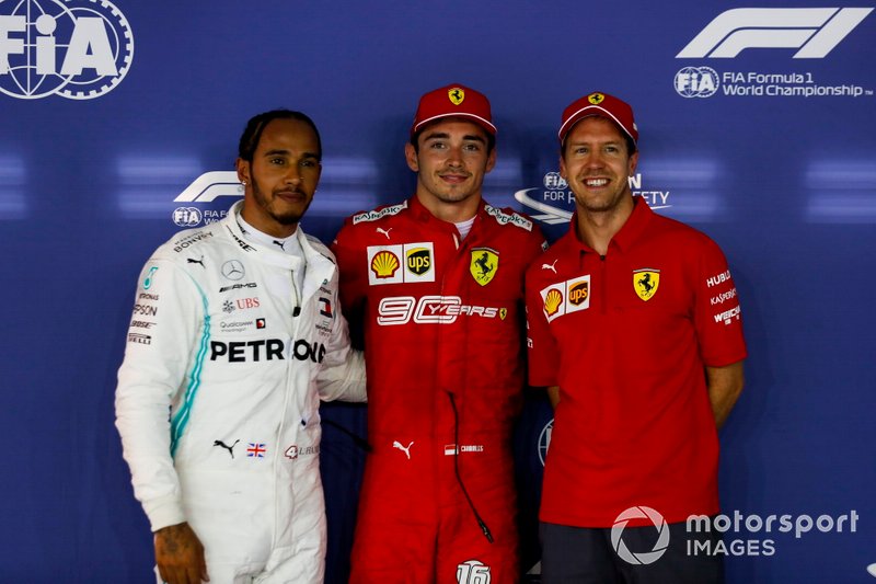 Lewis Hamilton, Mercedes AMG F1, Pole Sitter Charles Leclerc, Ferrari e Sebastian Vettel, Ferrari in Parc Ferme