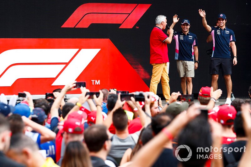 Sergio Perez, Racing Point and Lance Stroll, Racing Point on stage in the fan zone