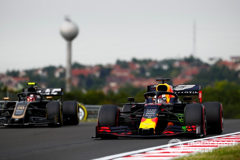 Max Verstappen, Red Bull Racing RB15, leads Kevin Magnussen, Haas F1 Team VF-19