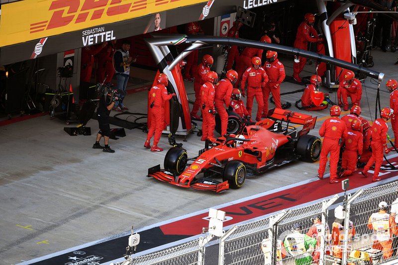 Sebastian Vettel, Ferrari SF90, leaves his pit box after a stop