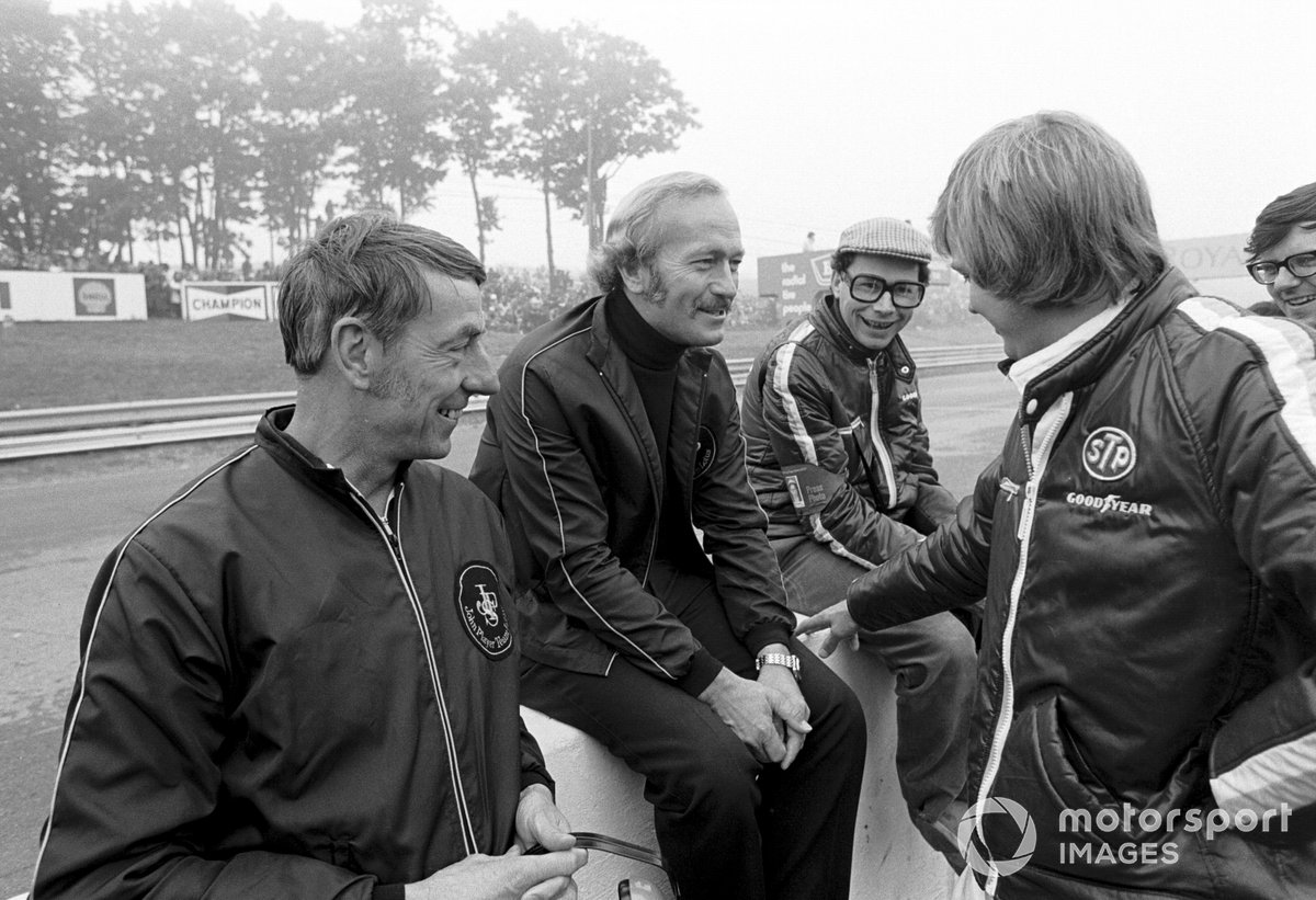 Ron Tauranac, Lotus boss Colin Chapman, Jabby Crombac, Journalist, and Ronnie Peterson, Lotus F1 driver for 1973