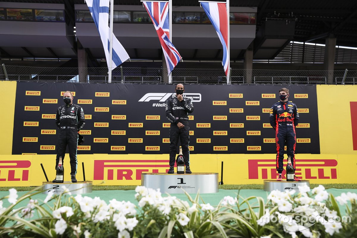 Valtteri Bottas, Mercedes-AMG Petronas F1, Race winner Lewis Hamilton, Mercedes-AMG Petronas F1 and Max Verstappen, Red Bull Racing on the podium